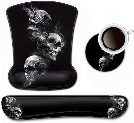 Keyboard Wrist Rest and Mouse Pad Wrist Support Set,Smoking Skull Ergonomic Gel Mouse Pad,Easy Typing Pain Relief, Memory Foam Keyboard Mousepad Set with Coasters - skull coaster