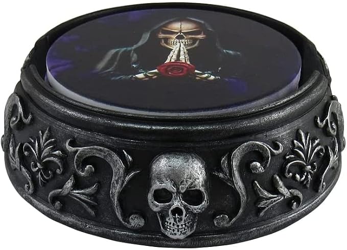 Ebros Gift Gothic Tribal Tattoo Scrollwork Filigree Pattern Morbid Skulls Resin Coaster Figurine Holder with 4 Grim Reaper Rose Flower Sublimed Tile Coasters Set Furniture Protector Home Decor