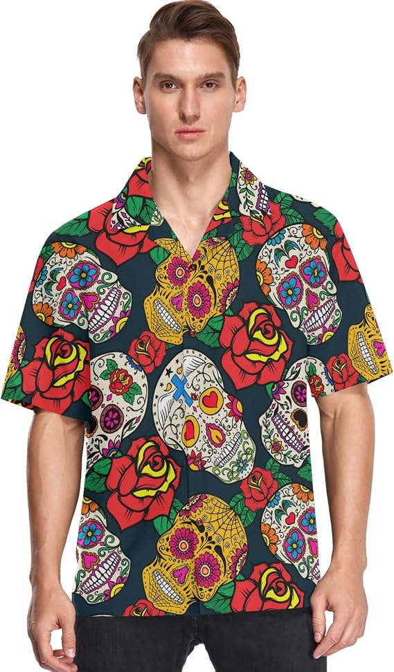 visesunny Stylish Men's Seasonal Hawaiian Print Button Down Short Sleeve Shirt S-XXL - skull tshirt