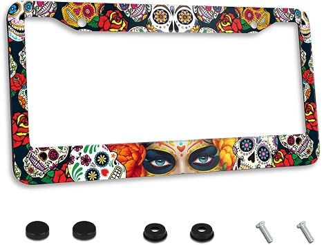 Sugar Skull Girl Flowers License Plate Frame Stainless Steel with Screws - skull plate