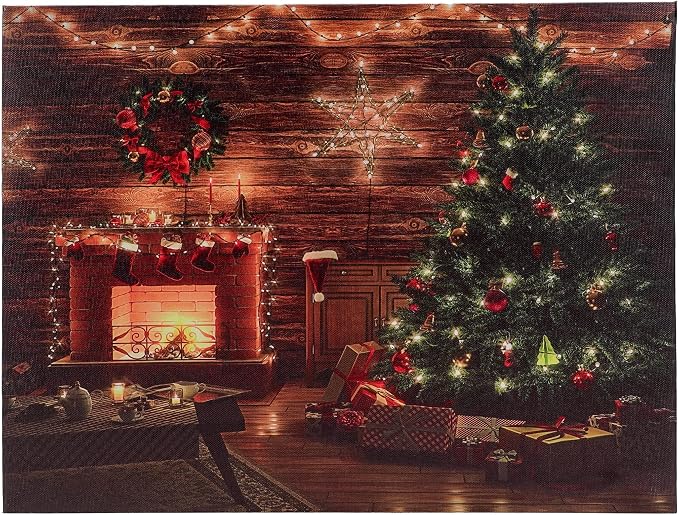 SOFFEE DESIGN 16'' x 12'' LED Christmas Canvas Prints Wall Art, Light Up Snowy Scene Picture for Holiday Decor, Battery Operated Painting Fireplace & Christmas Tree - skull painting
