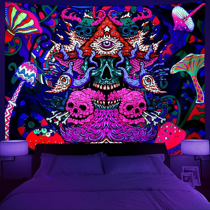 Leofanger Blacklight Skull Tapestry Aesthetic Backdrop Wall Hanging UV Reactive Colorful Hippie Black Light Tapestries for Bedroom home Decor (59.1 × 78.7 inches) - string light