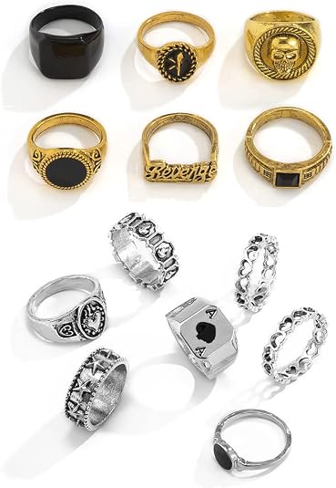 Vintage Gold Silver Punk Rings for Men Women,Cool Gothic Ring Set,Chunky Stackable Joint Knuckle Rings,Retro Skull Ace Malachite Rings