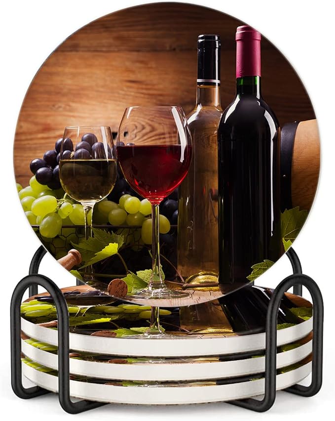 Wine Grape Farmhouse Style Coasters with Holder,Absorbent Coaster Sets of 4,Cork Base，Ceramic Drink Coaster for Tabletop Protection,Suitable for Kinds of Cups,Wooden Table,4 Inches - skull coaster