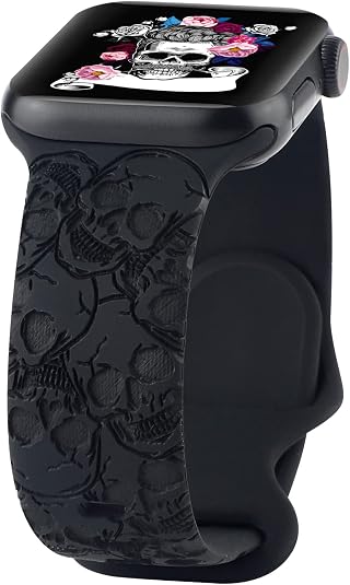 Engraved Silicone Band Compatible with Apple Watch 38mm 40mm 41mm, Cute Fancy Laser Printed Sport Strap Compatible with iWatch Series 7 6 5 4 3 2 1 SE - skull watch