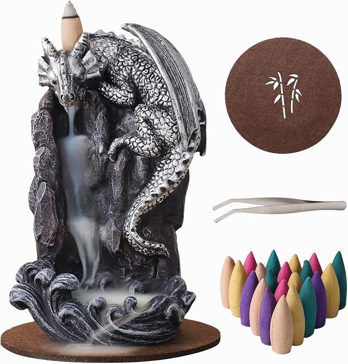 Dragon Backflow Incense Holder Waterfall Incense Burner, with 100 Backflow Incense Cones,1 Mat,1 Tweezers，Aromatherapy Ornamental for Home Office Yoga （Silver Dragon） - skull incense burner