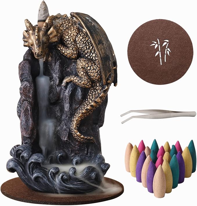 Dragon Backflow Incense Holder Waterfall Incense Burner, with 100 Backflow Incense Cones,1 Mat,1 Tweezers，Aromatherapy Ornamental for Home Office Yoga （Golden Dragon） - skull incense burner