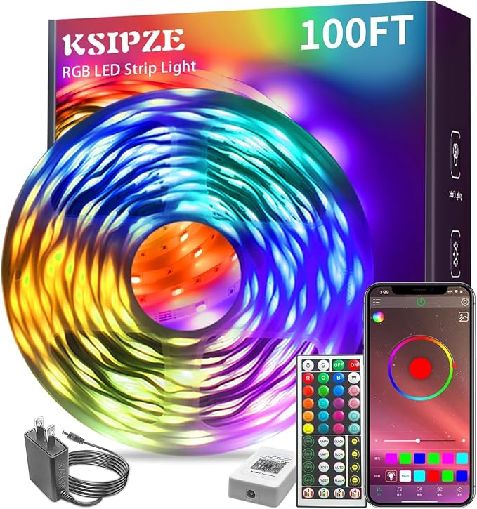 KSIPZE 100ft Led Strip Lights RGB Music Sync Color Changing Led Lights with Smart App Control Remote Led Lights for Bedroom Room Lighting Flexible Home Décor - string light