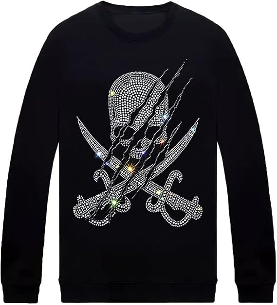 HZCX FASHION Sparkly Halloween Skull Sweatshirt Hoodies For Men Pullover Long Sleeve Festival Rhinestone Graphic Sweatshirts - skull hoodie