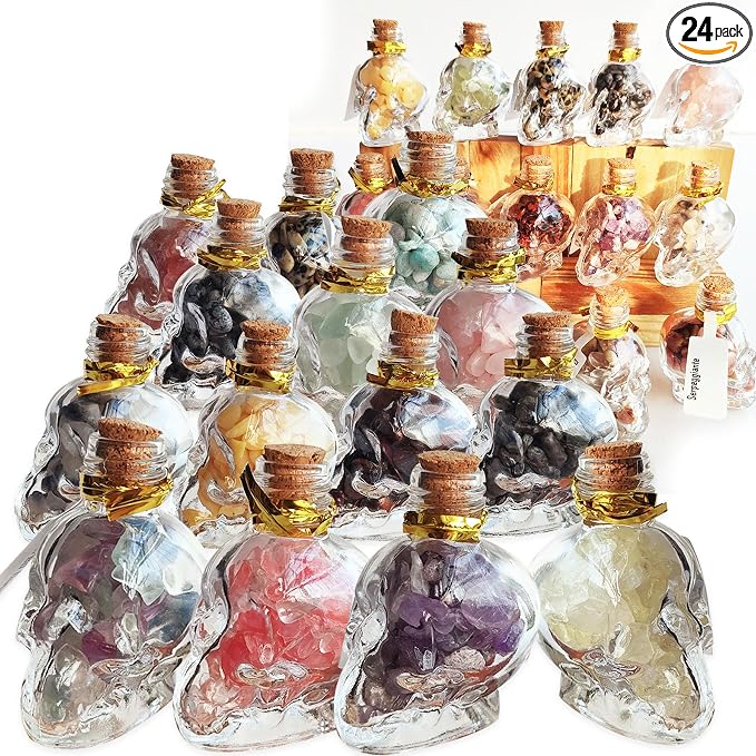 24Pcs Crystals and Healing MINI Stones with Skull Spell Jars-Crystal Chakra Stones Cute Glass Bottle-Healing Crystals