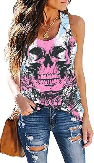 Fensajomon Skull Shirt for Women Sleeveless Printed Loose Workout Tank Top - skull tank tops
