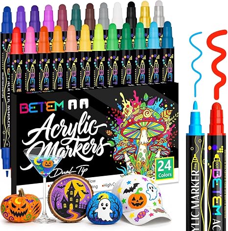 Betem 24 Colors Dual Tip Acrylic Paint Markers, Fabric Decorating Kits - skull painting