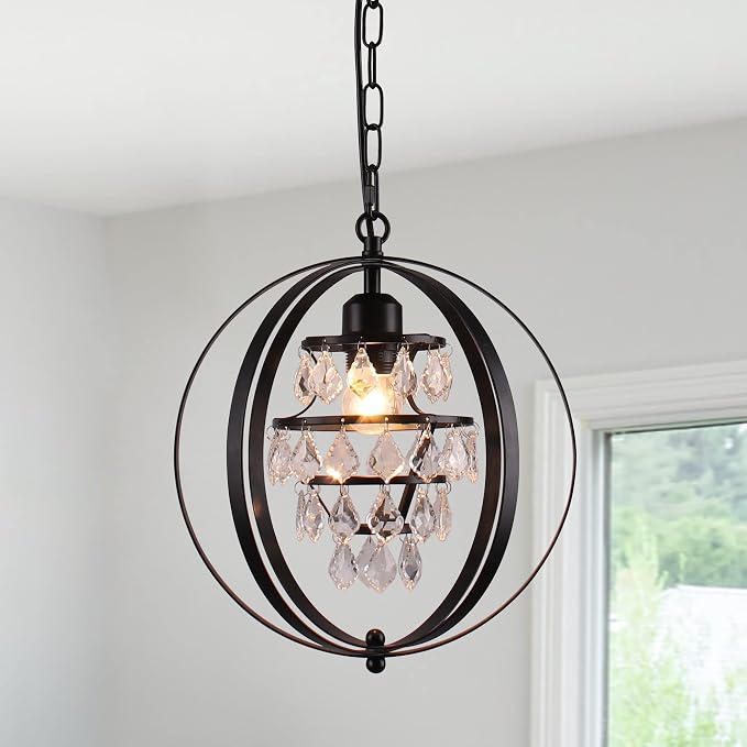Orb Farmhouse Chandelier Crystal Pendant Light Fixtures Modern Industrial Adjustable Hanging Lights Fixture for Kitchen Entryway Foyer (Black)