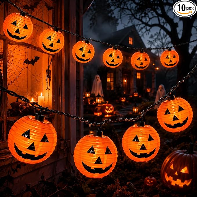 Abeja Halloween Pumpkin Lantern String Lights, 8.5Ft Jack O Lanterns Pumpkin String Lights with10 Orange Pumpkin Lanterns, Outdoor Holiday Lantern Lights for Halloween Party Patio Indoor Outdoor - string light