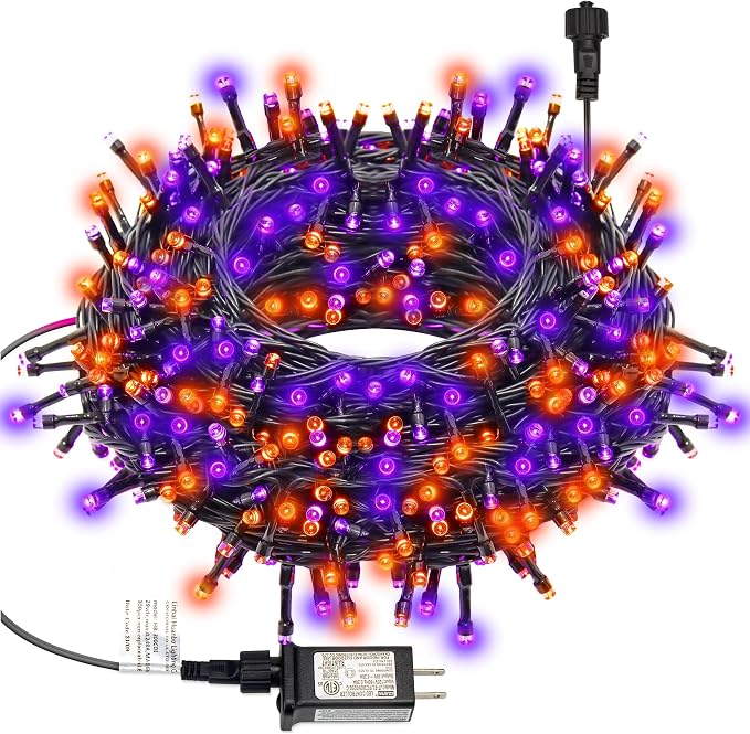 300 LED Halloween String Lights, 98.5FT with 8 Modes, Waterproof, Plug in for Indoor/Outdoor Party Decorations (Purple & Orange) - string light