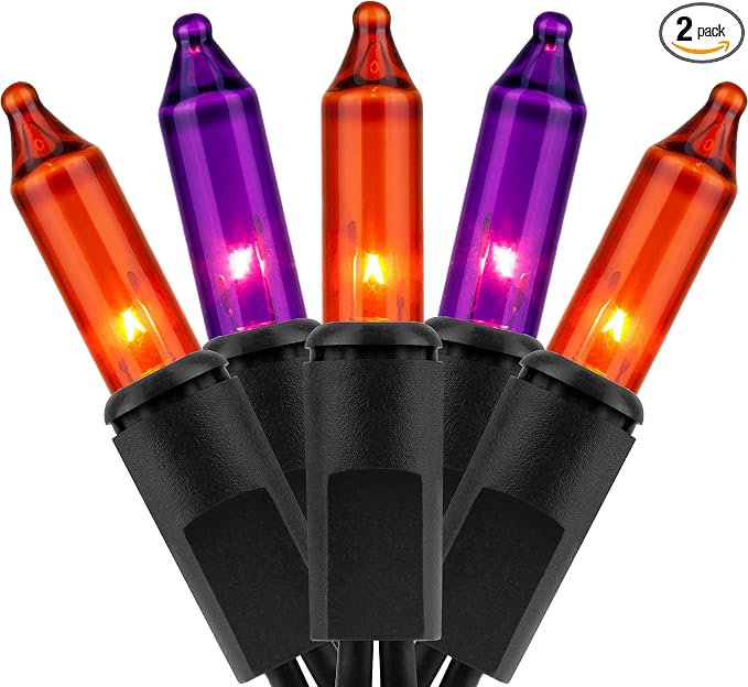 YULETIME 200 Orange Purple Halloween Lights, 2-Set 21 ft 100 ct Black Wire - string light