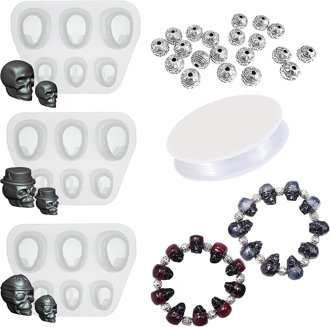 Yayatty Beads Resin Moulds Set, 3 Pcs Skull Resin Casting Mould Epoxy Resin Molds with String, Bracelet Accessories for Bracelet, Gemstone Jewelry Casting - skull ashtray