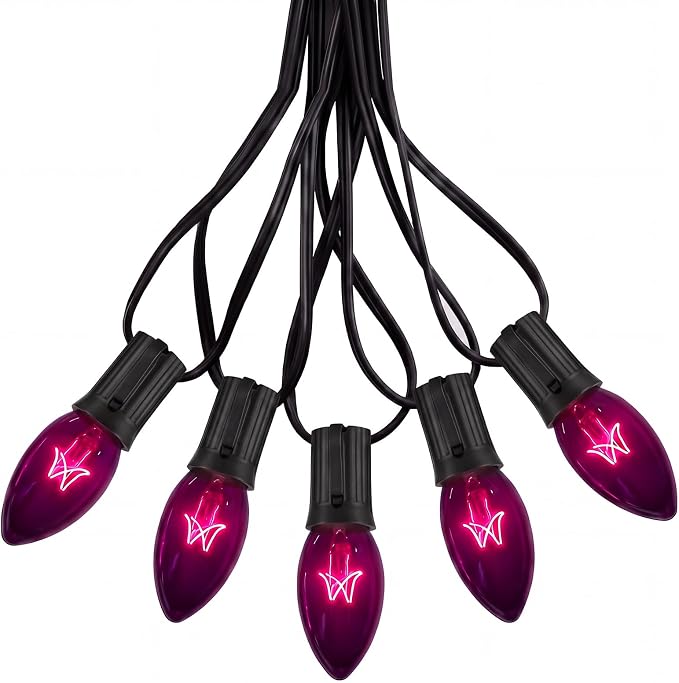C9 Black Halloween String Lights, 25Ft Outdoor Patio String Lights with 26 Black Light Purple Bulbs(1 Spare), Hanging Backyard Lights for Outdoor Halloween Christmas Roofline Party Decoration - string light