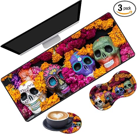 Extended Gaming Mouse Pad Desk Pad Keyboard Pad, Mouse Wrist Rest and Coaster, Anti-Slip Rubber Base Mouse Pad, Suitable for Gaming and Office, Candy Skull - skull coaster