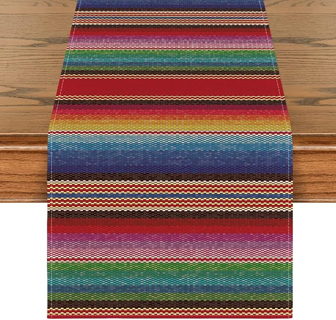 Artoid Mode Colorful Stripes Serape Mexican Table Runner, Mexico Dia De Los Muertos Fiesta Kitchen Dining Table Decoration for Home Party Decor 13x72 Inch - skull floor mat