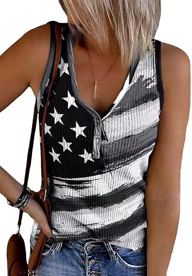 Womens American Flag Button V-Neck Tank Coloful Printed Sleeveless Patriotic Shirts Summer Tops - skull tank tops