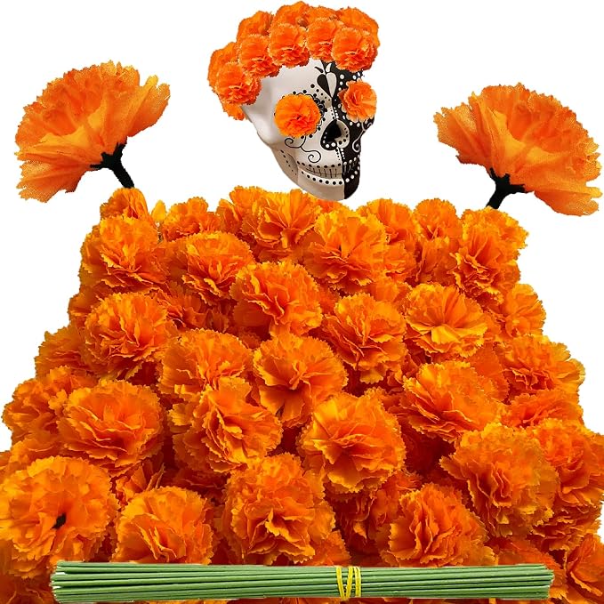 Marigold Flower Heads Bulk, Day of the Dead Dia De Los Muertos Decoration Mexican Artificial Flowers for Diwali Home DIY Wreath Garland Halloween Decor for Indian Pooja Floral(Orange) - skull wreath