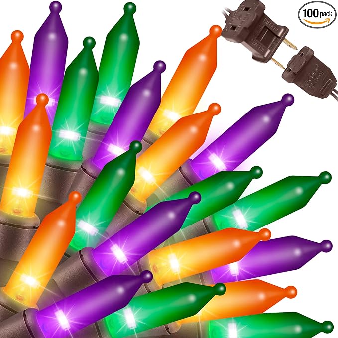 LAMPHOME Super-Bright Extendable Orange Purple and Green halloween Lights Decoration 100Lights 19.6ft UL Certified Mini Bulb String Lights Set for Outdoor Halloween Christmas Tree Garden Holiday Decor - string light