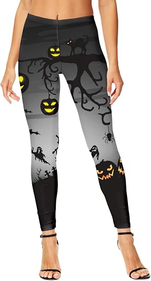 Halloween Leggings for Women Ankle Length Stretchy Pumpkin Black High Waist Costume Tights XL - skull leggings