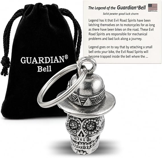 Guardian Bell Good Luck Bell w/Keyring & Black Velvet Gift Bag | Motorcycle Bell | Lead-Free Pewter | Made in USA - sugar skull ornament