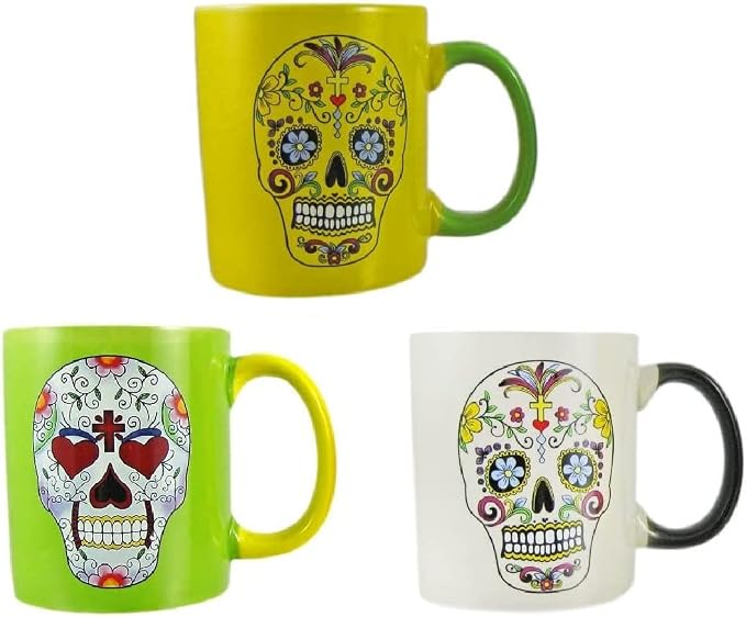 Set Of 3 DAY OF THE DEAD Sugar Skull Ceramic Coffee Mug - skull plate