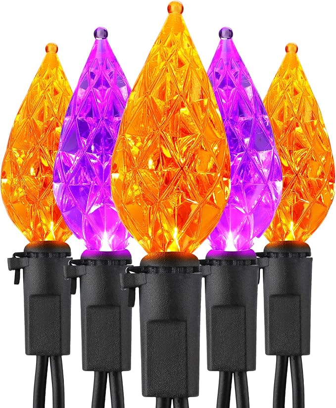 ODEETRONIC Orange Purple Halloween Lights, 19.68ft 60 LED Connectable Plugin Orange Lights, 120V UL Certified Waterproof Outdoor Purple String Light, Black Wire Indoor Light for Home Tree Decor - string light