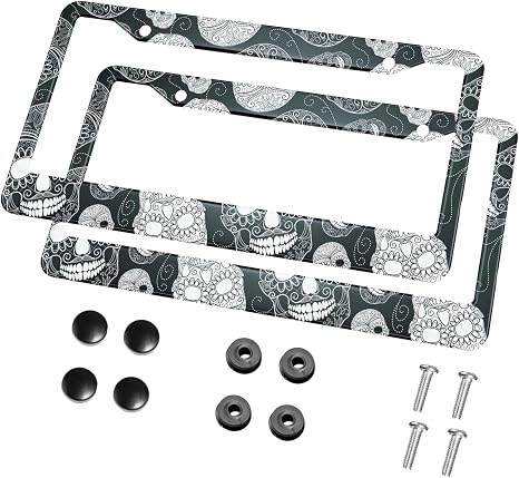 HOSNYE Black and White Sugar Skull License Plate Frame Black 2 Pcs Day of The Dead Cartoon Indian Style Metal Cute Licenses Plates Frames Licenses Plate Covers Car Tag Frame for Women Men US Vehicles - skull plate