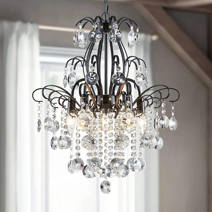 WUZUPS Crystal Chandelier 5-Light Pendant Ceiling Light Modern Lighting Fixture for Bedroom Hallway Bar Kitchen Bathroom, H 22.6” x W 19.2”, E12 Base, Black