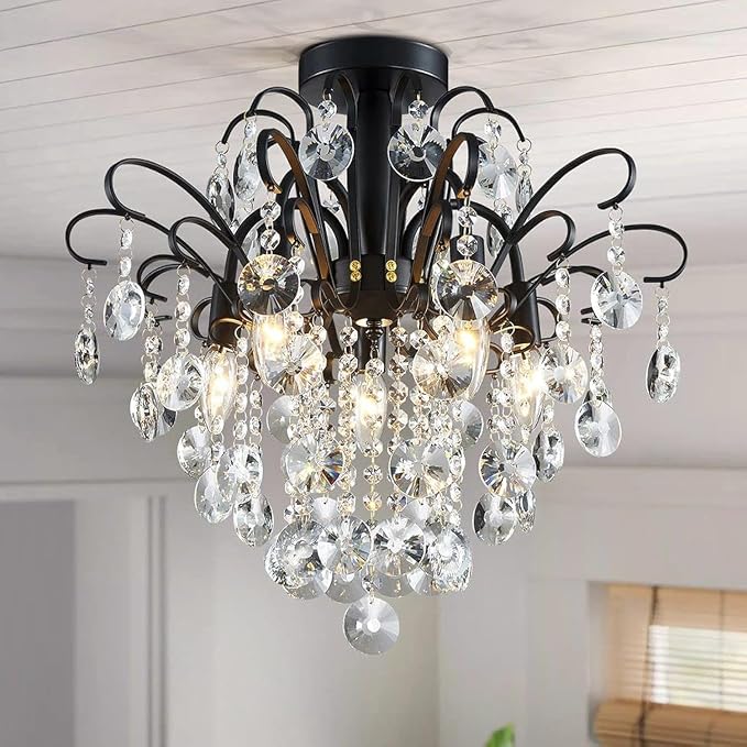 WUZUPS Crystal Chandelier Flushmount Ceiling Light Modern Lighting Fixture for Bedroom Hallway Bar Kitchen Bathroom, H 17.5” x W 19.3”, E12 Base, Black