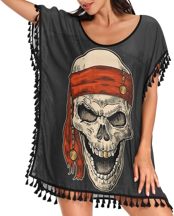 Naanle Skull Human Skeleton Women's Swimsuit Cover Up Chiffon Tassel Bikini Beach Coverup for Swimwear - skull swimsuit