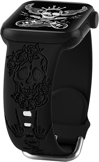 Halloween Floral Engraved Silicone Band Compatible With Apple Watch 38 40 41mm 42 44 46 49mm for Women Men,Skull Printed Soft Silicone Sport Wristbands Replacement Strap for iWatch Series SE 10 9 8 7 6 5 4 3 Ultra 2 - skull watch