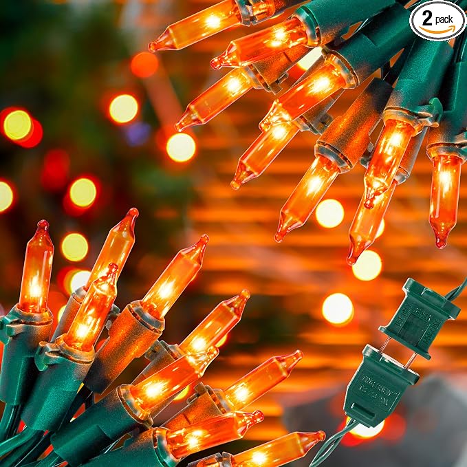 Hopolon Orange Halloween Mini Lights, 2 Pack 50 Count 13FT Green Wire - string light