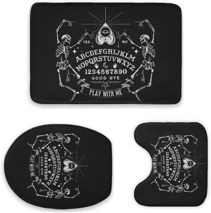 Vintage Skeleton Magic Ouija Black Pattern Bathroom Rug Mat Set 3 Piece Bath Mat Toilet Lids U-Shape Contour Rug Soft Non Slip Absorbent Bathroom Decor - A (16 x 24 inches) - skull toilet mat