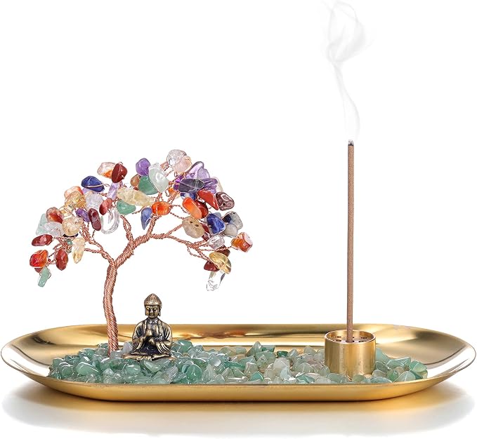 Jovivi Crystal Incense Holder for Sticks, Healing Crystal Stone Money Tree Buddha Statue Set Incense Burner, Incense Trays for Wealth, Good Luck,Yoga Meditation Home Decor - skull incense burner