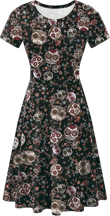 Women Halloween Short Sleeves Printed Dress Vintage Style A-Line Party Dresses - sugar skull dress
