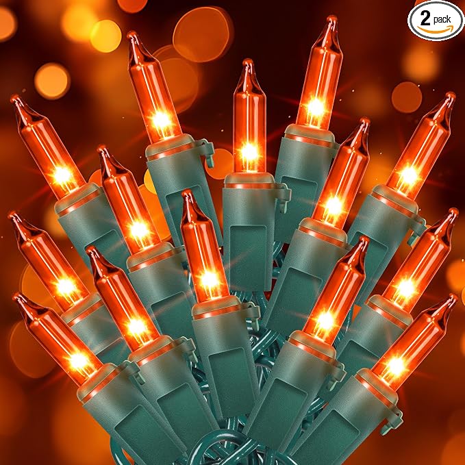 woohaha Orange Halloween Mini String Lights, 2 Pack 50Count 13FT Green Wire - string light