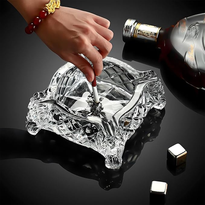 Ashtray 5 x 5 inch, Large Glass Ashtray for Cigarettes & Cigars, Clear Crystal Ash trays Outdoor Glass Spuare Ashtrays - skull ashtray