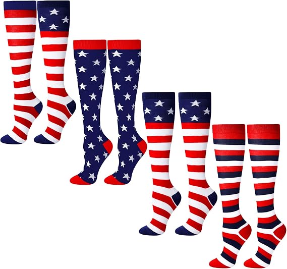 Vicenpal 4 Pairs Women Men American Flag Knee Socks Christmas Sugar Skull Knee Socks Women Compression Sock Novelty Gift - sugar skull costume