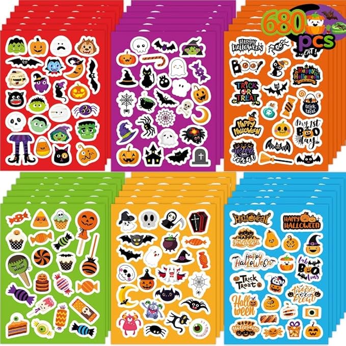 680Pcs Halloween Stickers for Kids Adults, Halloween Party Favors Supplies - skull sticker