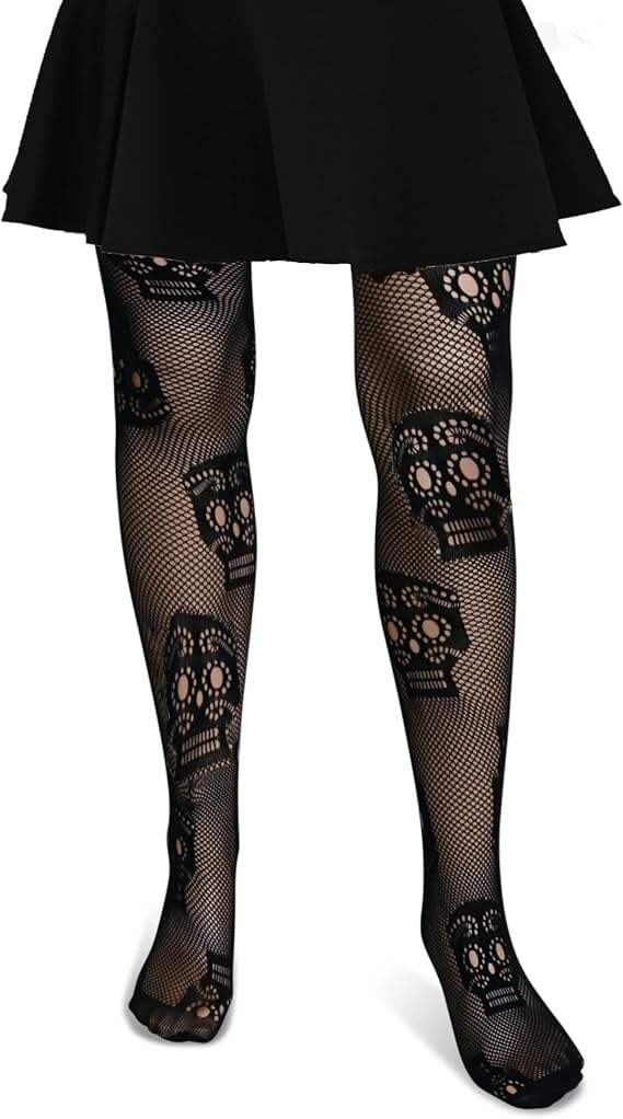 Black Fishnet Skull Stockings Tights - Gothic Pantyhose Skeleton Skulls - sugar skull costume