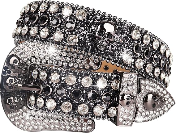 Rhinestones Belt for Men Women, Skulls Belts Western Leather Sparkle Shining Diamond Studded Belts - skull wallet