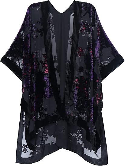 Women's Burnout Velvet Kimono Long Cardigan Cover Up Casual Outfit - skull jacket