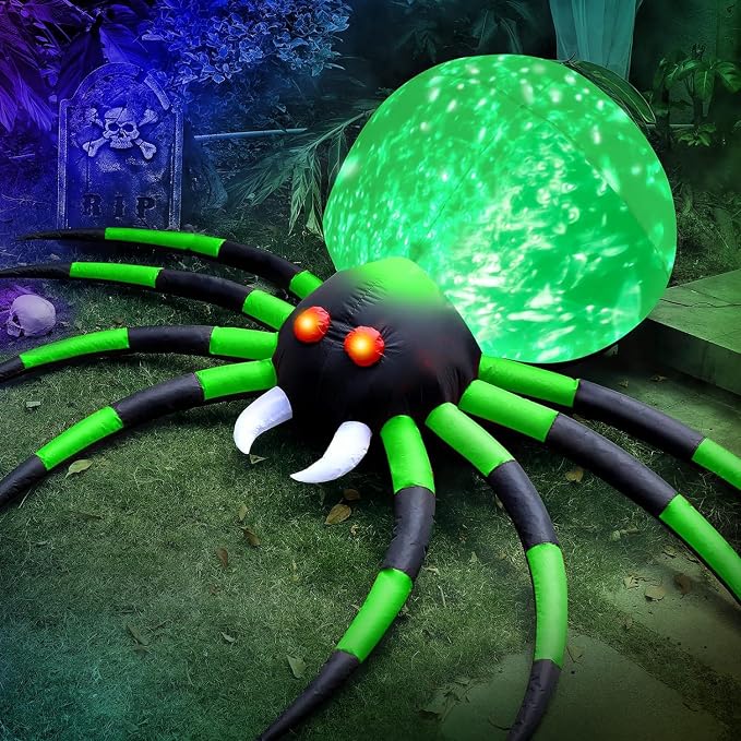 8 FT Halloween Inflatables Spider Outdoor Decorations for Yard, Giant Blow up Green Spider with Rotating Fire Flame Light, Large Spooky Spider Props for Halloween Party Garden Lawn House Holiday Decor - skull inflatable