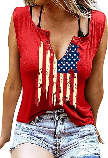 MAIHUN American Flag Tank Tops for Women 4th of July Shirts Ring Hole Sleeveless V-Neck T-Shirt Patriotic Tees - skull tank tops
