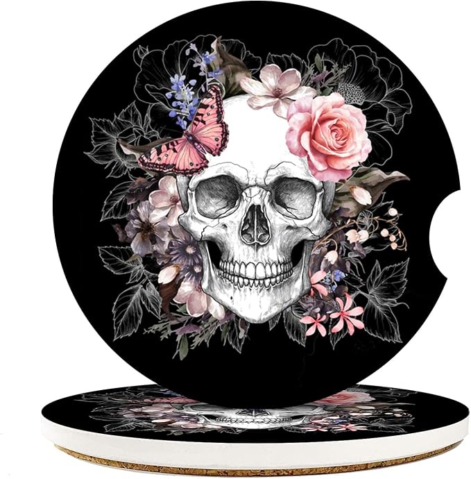 Car Coasters for Drinks, 2 Pack Ceramic Stone 2.56" Skull - skull coaster
